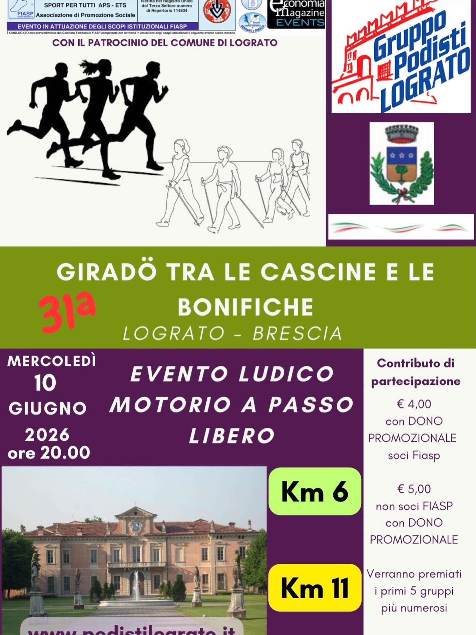 Manca poco, pochissimo e poi sarà una serata che non dimentichi facilmente. Una serata di sport e amicizia carica di promessa 

Ci vediamo domani, non dimenticarti 
Corri o cammini, l’importante è divertirsi 

📍Lograto Villa Morando
⏰ ritrovo dalle 19:00 in poi con partenza di gruppo alle 20:00
💳 iscrizioni sul posto

2 distanze:
🚶🚶‍♂️ 6 km misto asfalto/sterrato
🏃‍♀️🏃‍♂️ 11 km misto asfalto/sterrato

Ristoro lungo il percorso e ricchissimo ristoro finale per tutti con pane e salame 🥪 e dolci

In ricordo della manifestazione un pacco gara difficilmente ripetibile